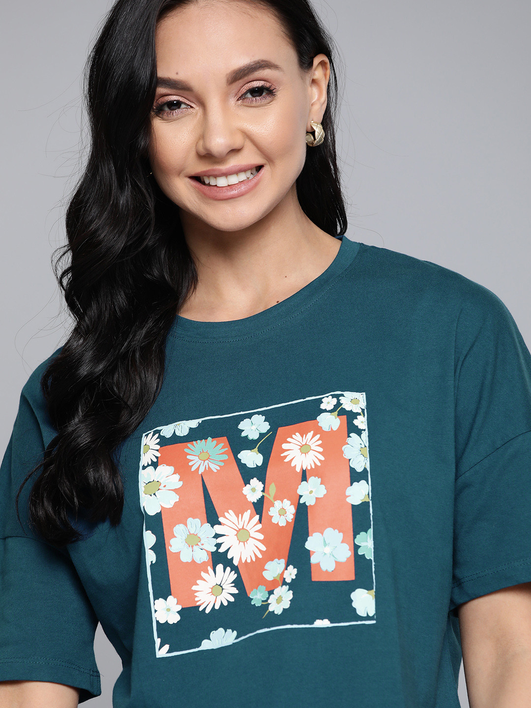 

Mast & Harbour Women Teal Blue Pure Cotton Floral Print T-shirt