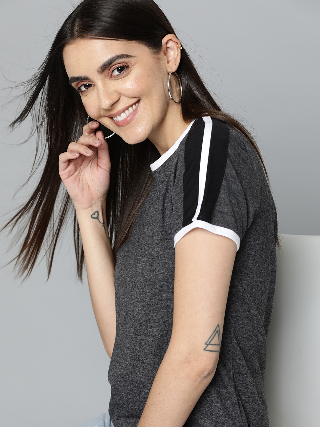

Mast & Harbour Women Charcoal Grey Solid Pure Cotton T-shirt