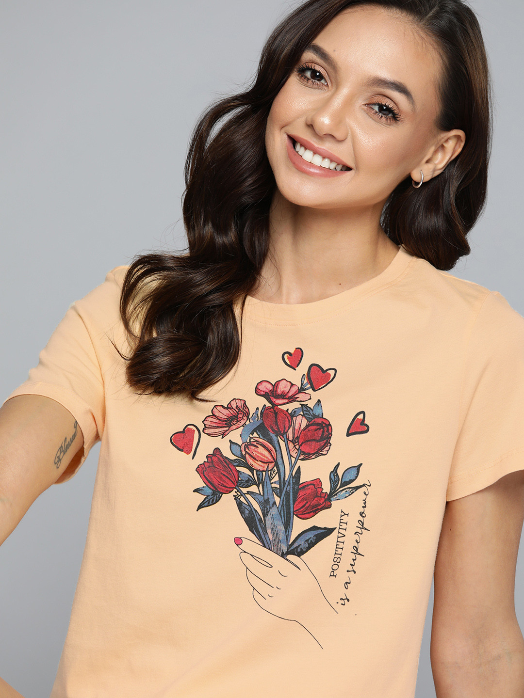 

Mast & Harbour Women Peach-Coloured & Red Floral Printed Pure Cotton T-shirt