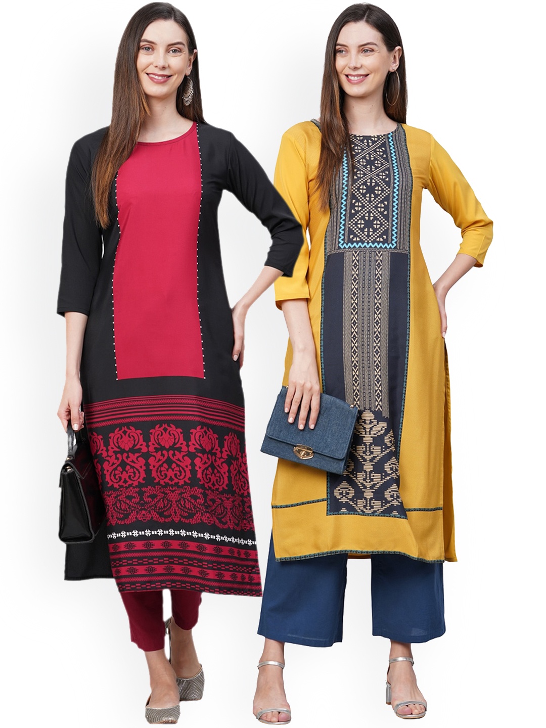 

KALINI Women Pack of 2 Pink & Yellow Printed Crepe Kurta