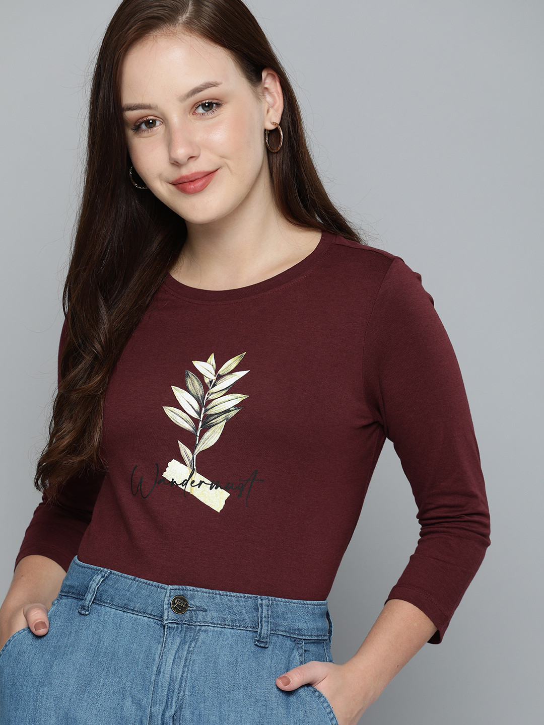 

Mast & Harbour Women Burgundy Printed Pure Cotton T-shirt
