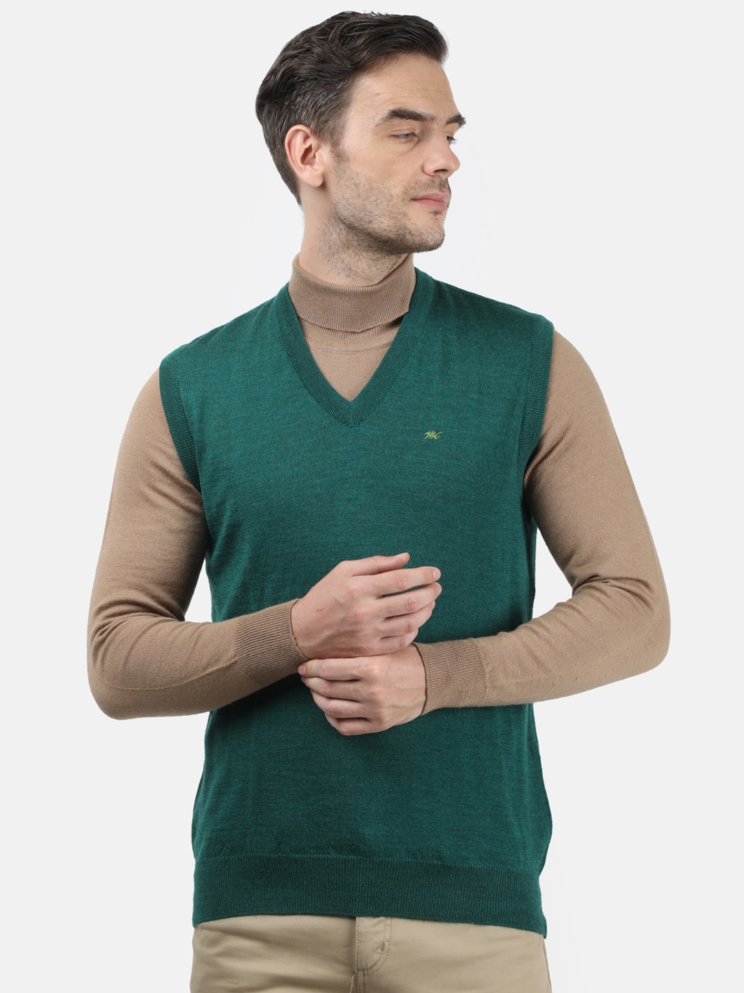 

Monte Carlo Men Green Solid Wool Sleeveless Sweater Vest