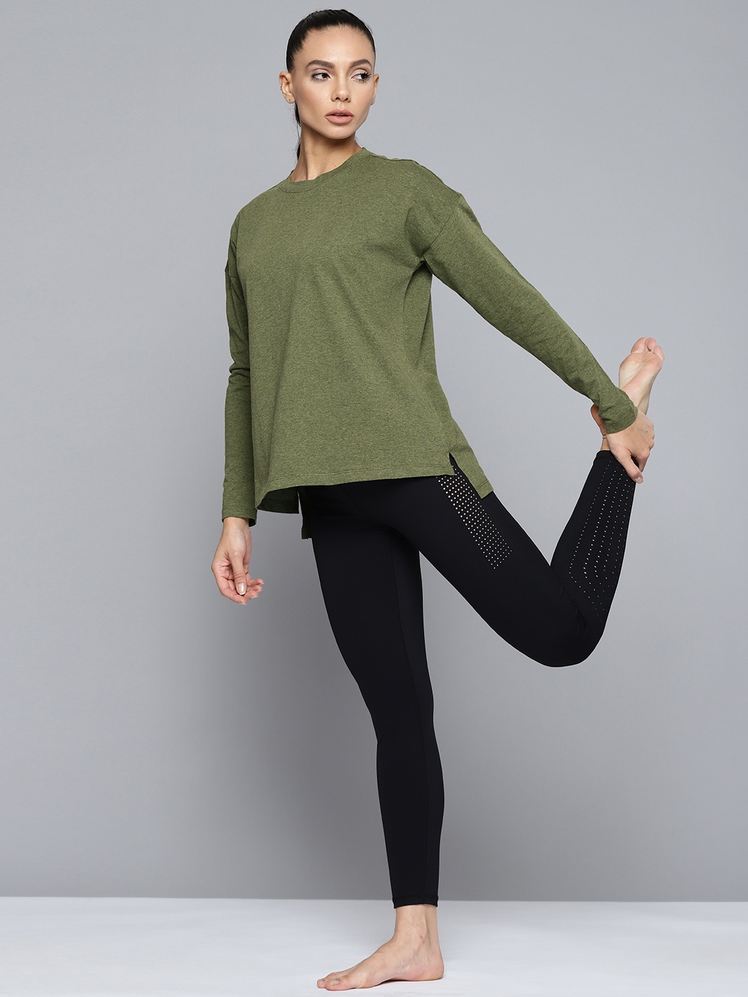 

HRX By Hrithik Roshan Yoga Women Olive Melange Solid Sustainable T-shirt