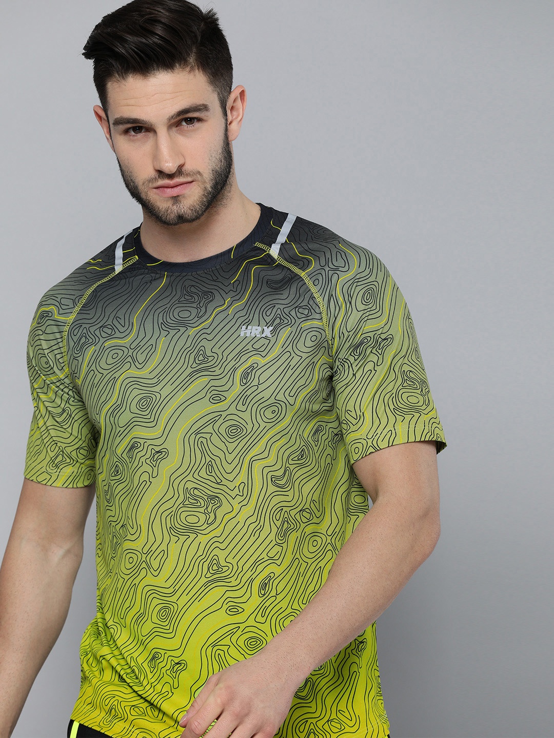 

HRX By Hrithik Roshan Men Yellow & Black Printed Rapid-Dry AOP Running T-shirt