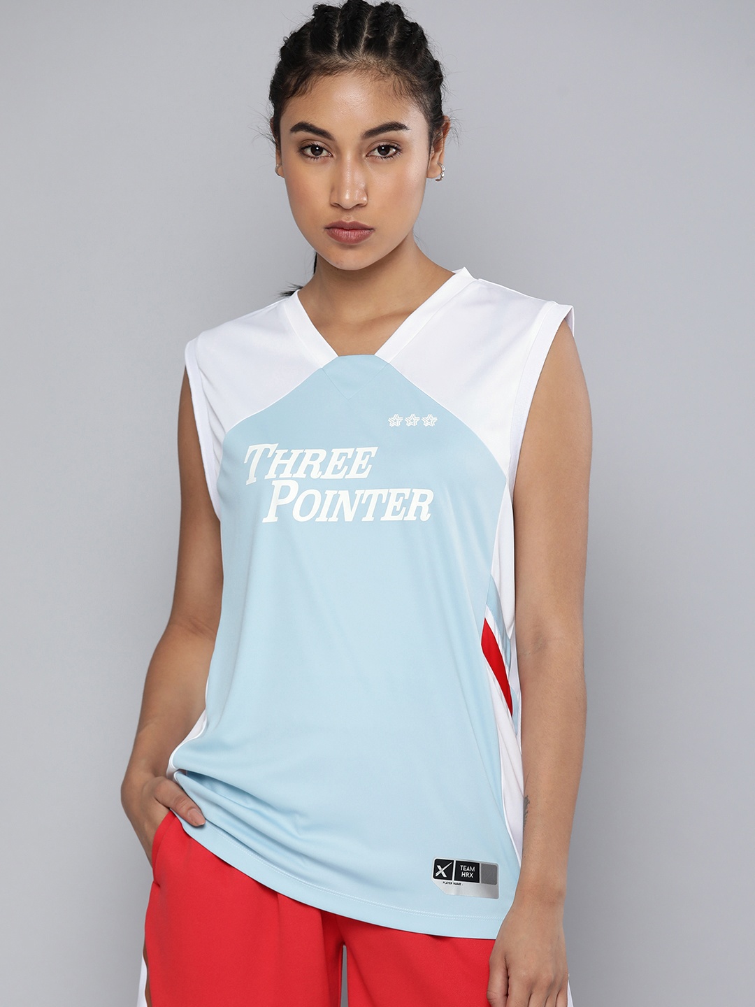 

HRX by Hrithik Roshan Women White & Blue Colourblocked V-Neck Antimicrobial T-shirt