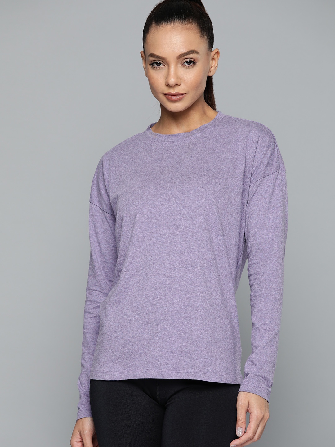 

HRX By Hrithik Roshan Yoga Women Purple Melange Melange Solid Sustainable Tshirts