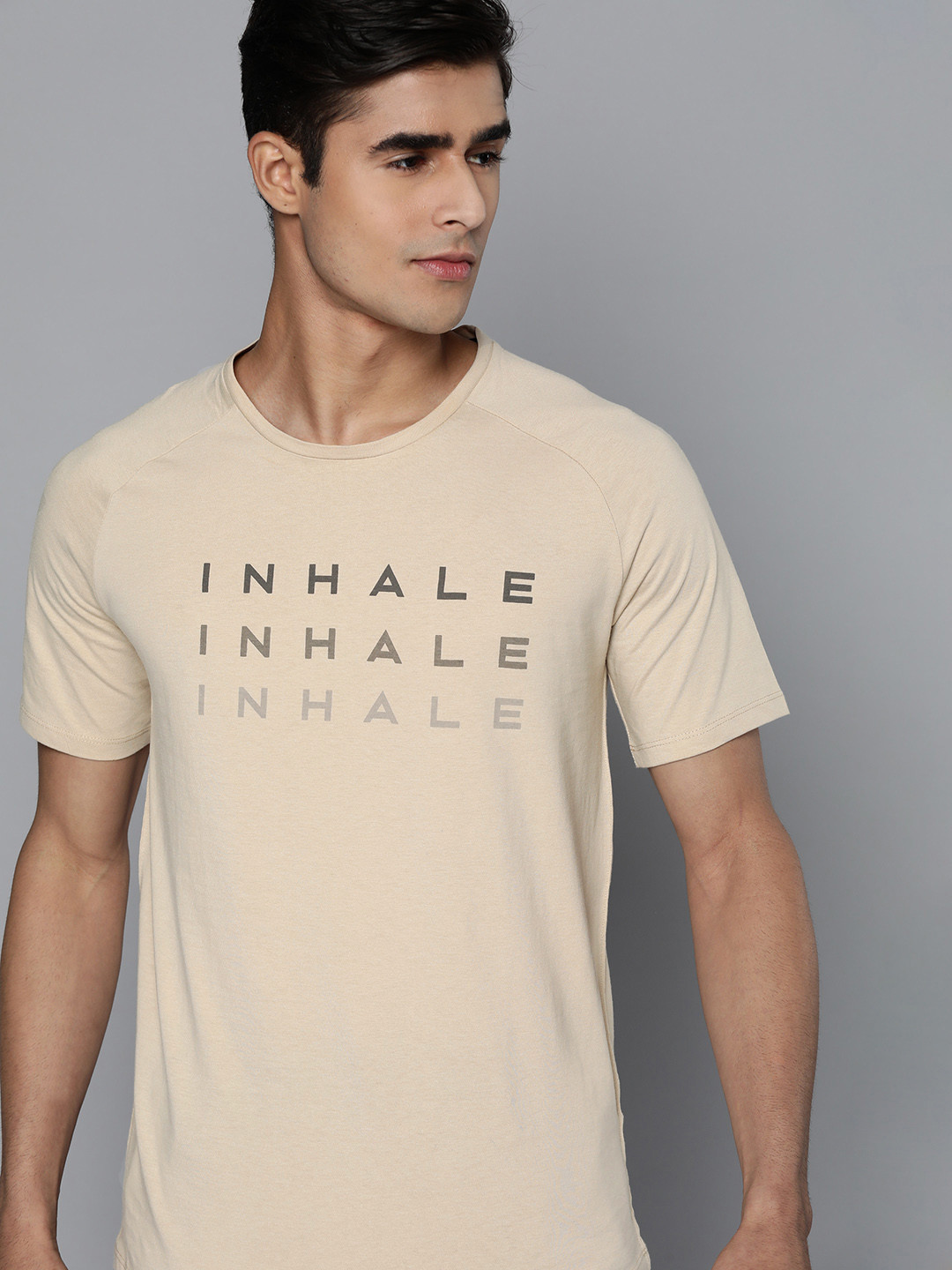 

HRX By Hrithik Roshan Yoga Men Arctic Blue Rapid-Dry Pure Cotton Typography Sustainable Tshirts, Beige