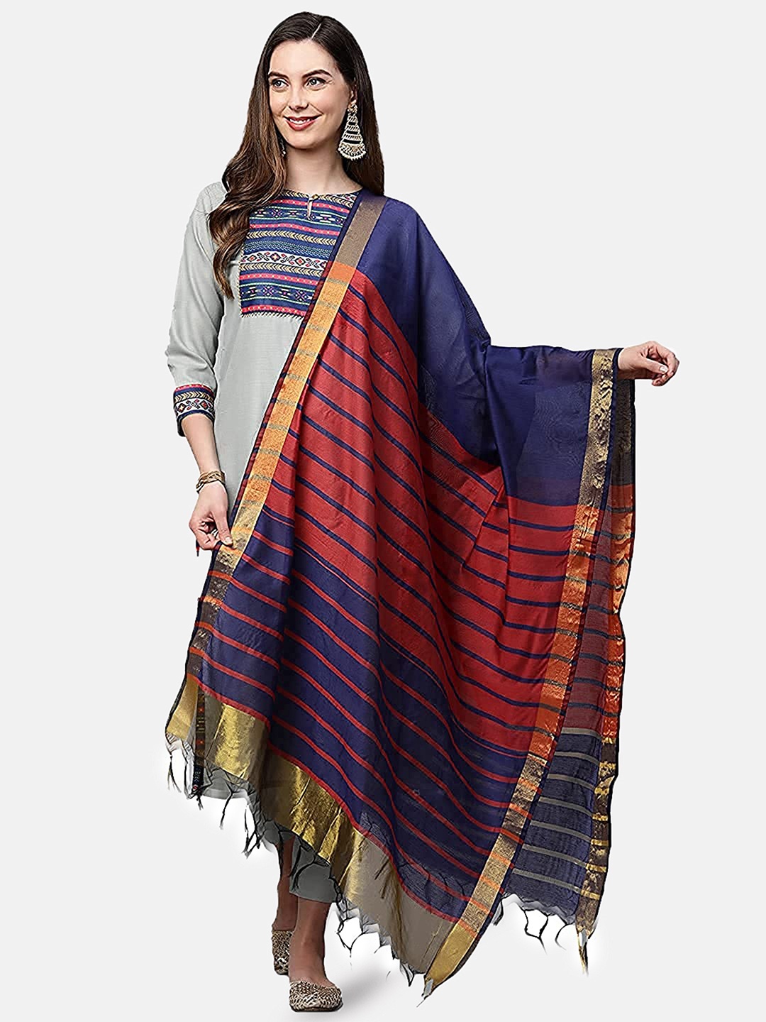 

KALINI Women Grey Striped Layered Pure Cotton Kurta with Trousers & With Dupatta