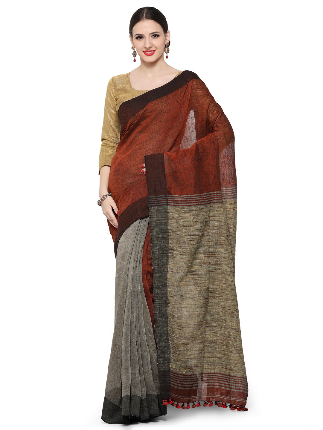 

Desi Weavess Rust & Black Colourblocked Pure Linen Bhagalpuri Saree