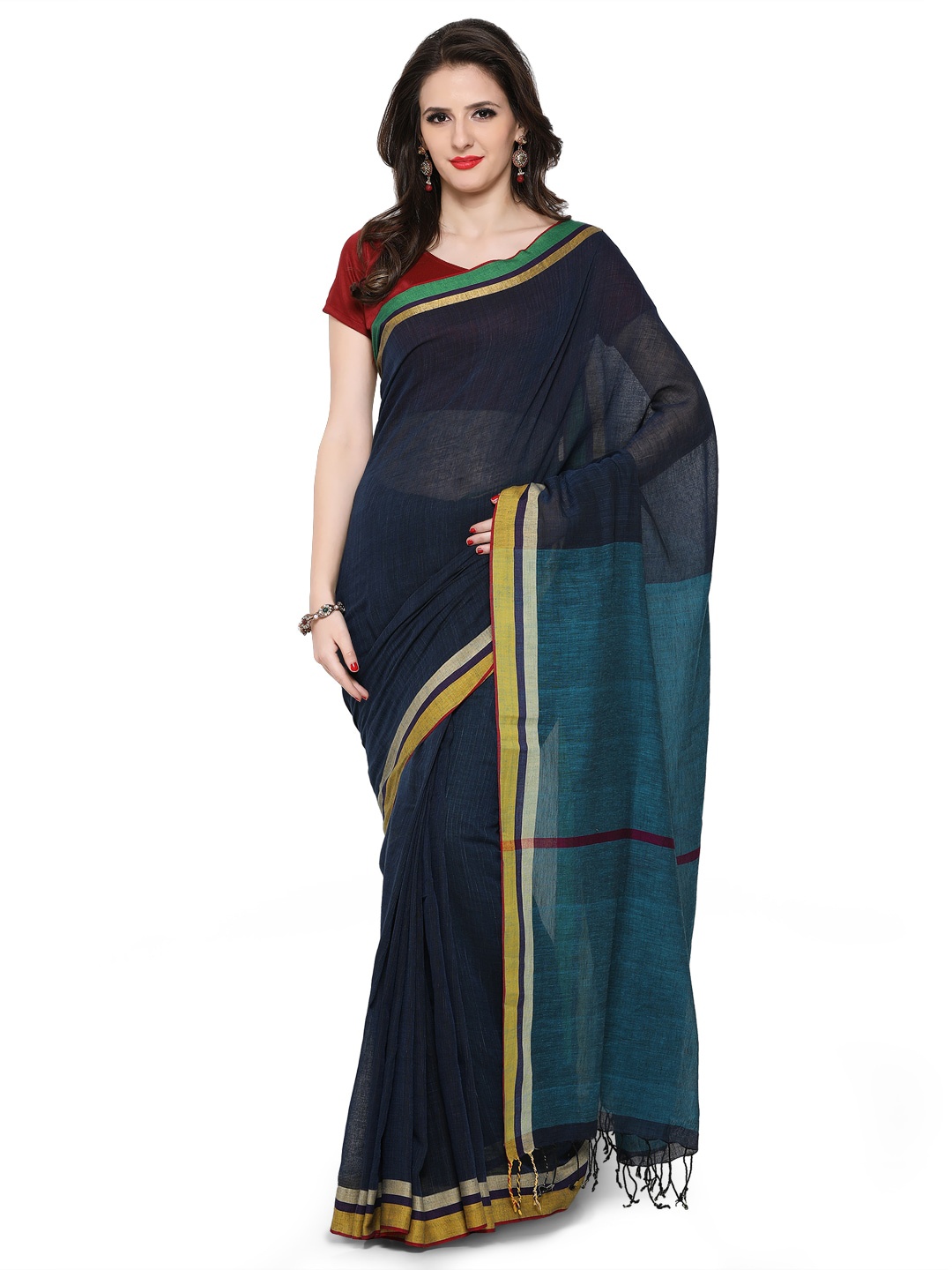 

Desi Weavess Navy Blue & Green Pure Cotton Khadi Saree