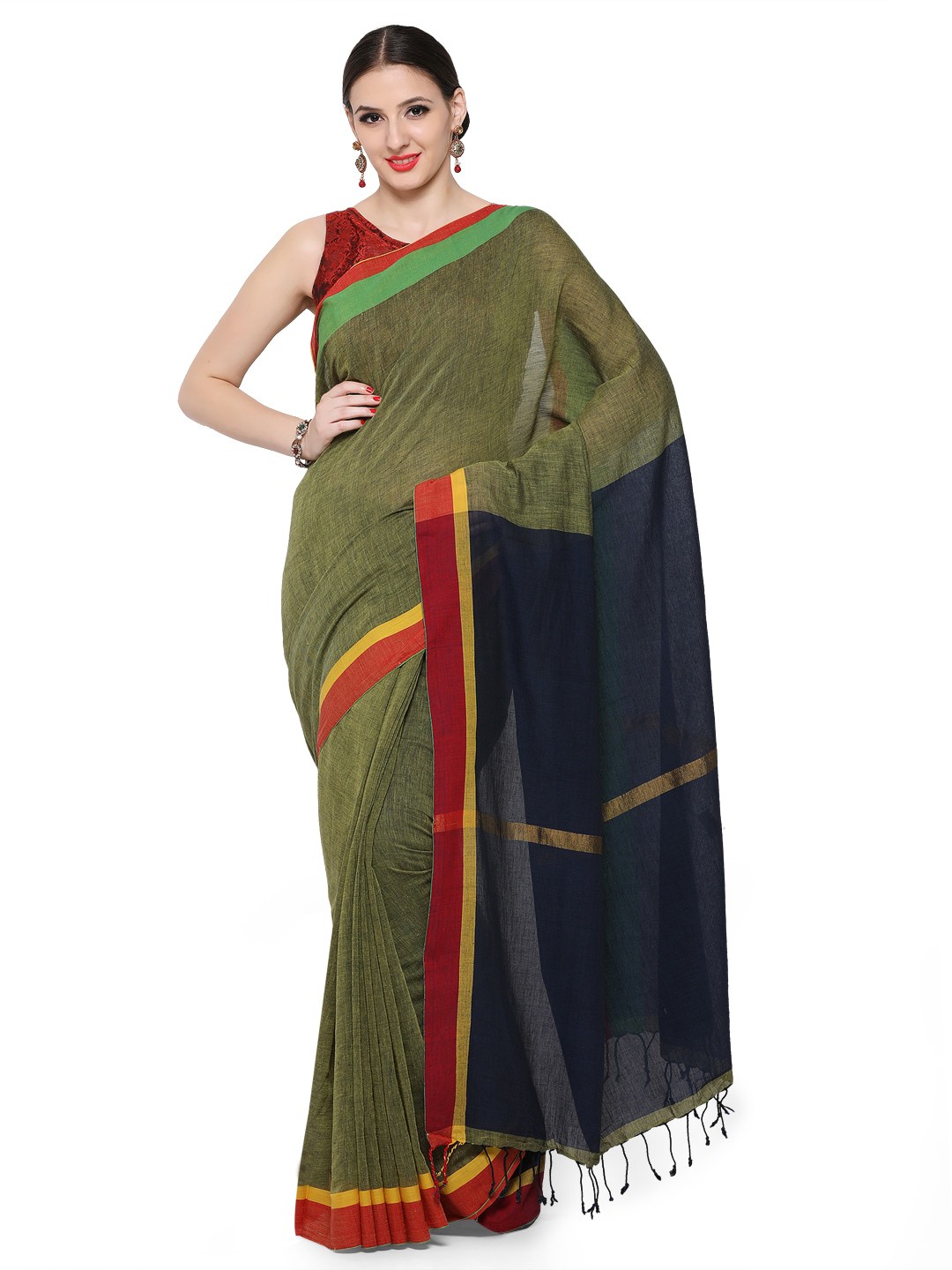 

Desi Weavess Khaki & Navy Blue Pure Cotton Khadi Saree