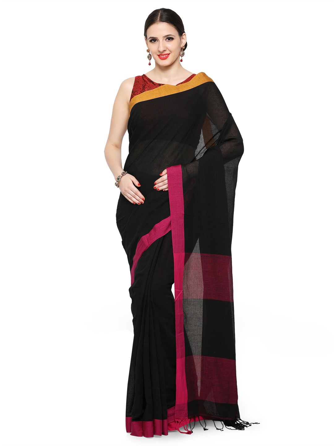 

Desi Weavess Black & Pink Pure Cotton Khadi Saree