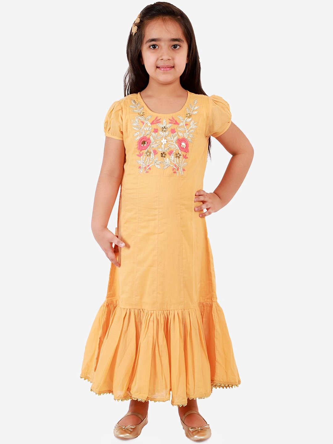 

LIL DRAMA Mustard Yellow & Red Floral Embroidered A-Line Maxi Dress