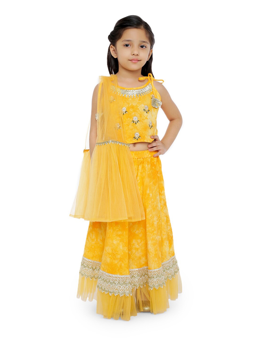 

LIL DRAMA Girls Mustard & Silver-Toned Embroidered Sequinned Ready to Wear Lehenga & Blouse With Dupatta