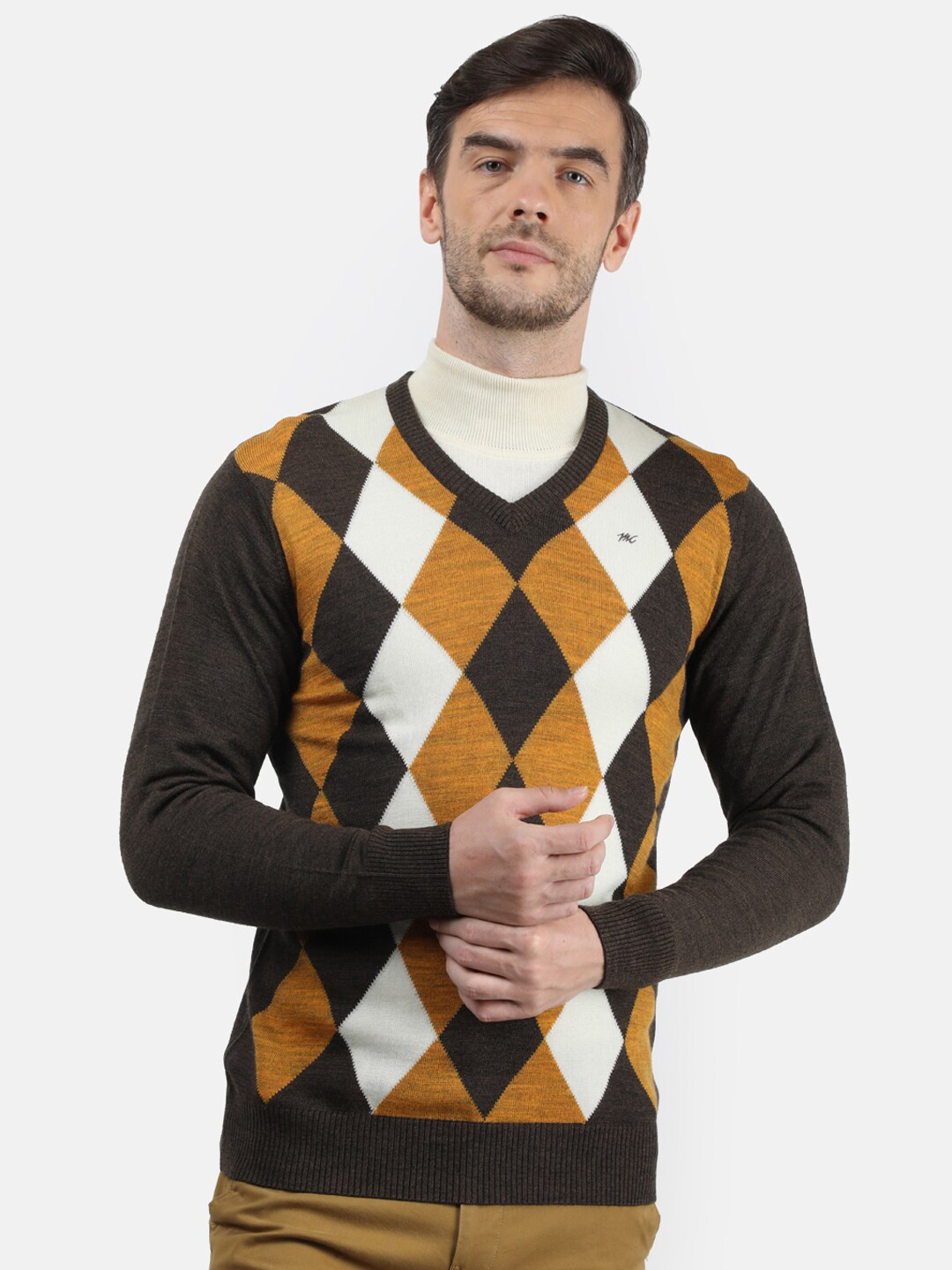 

Monte Carlo Men Brown & Mustard Argyle Printed Pullover