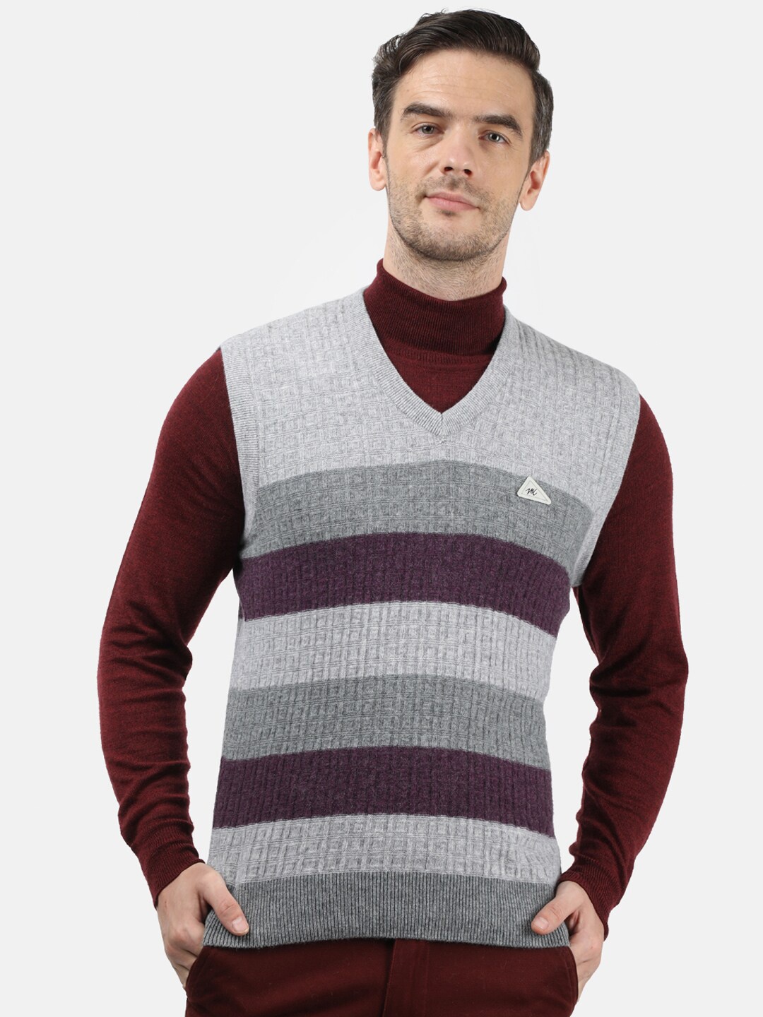 

Monte Carlo Men Grey & Purple Woollen Striped Sweater Vest