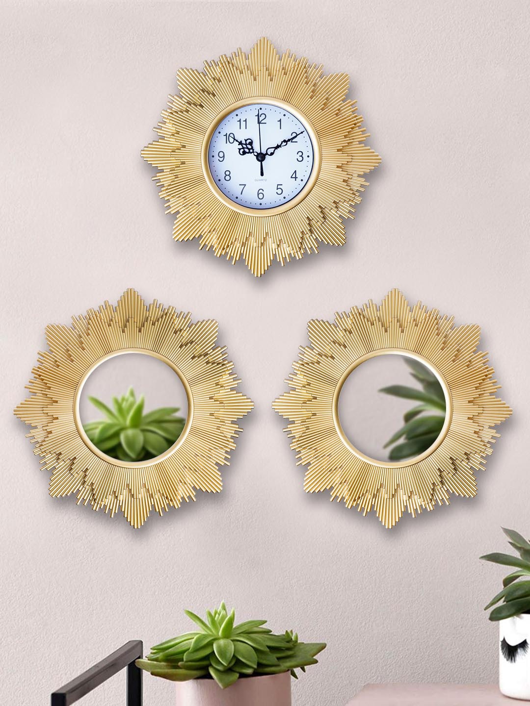 

TIED RIBBONS Gold-Toned & White Set of 3 Floral Contemporary Wall Clock with Wall Mirrors