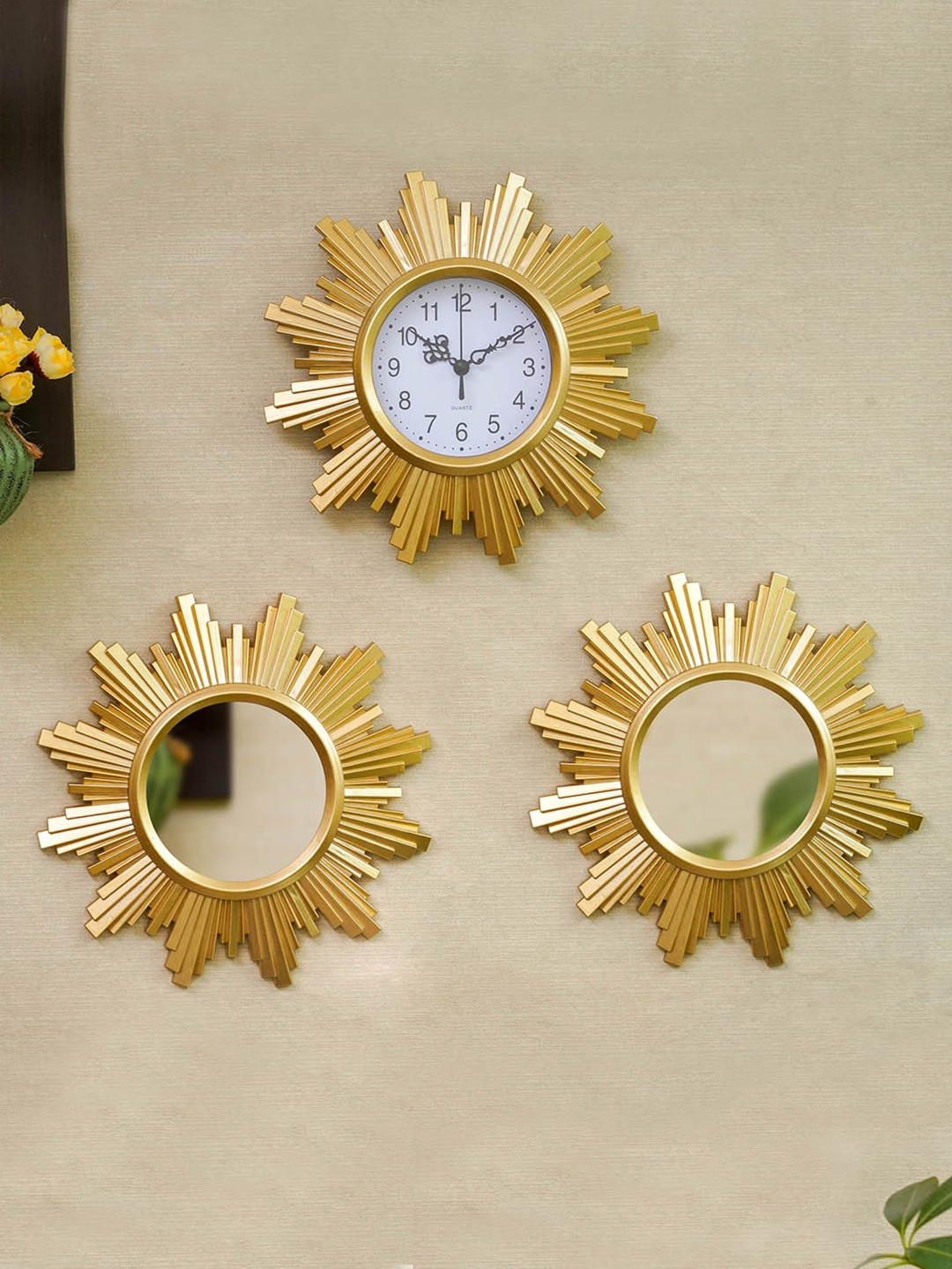 

TIED RIBBONS Gold-Toned Floral Set of 3 Contemporary Wall Clock