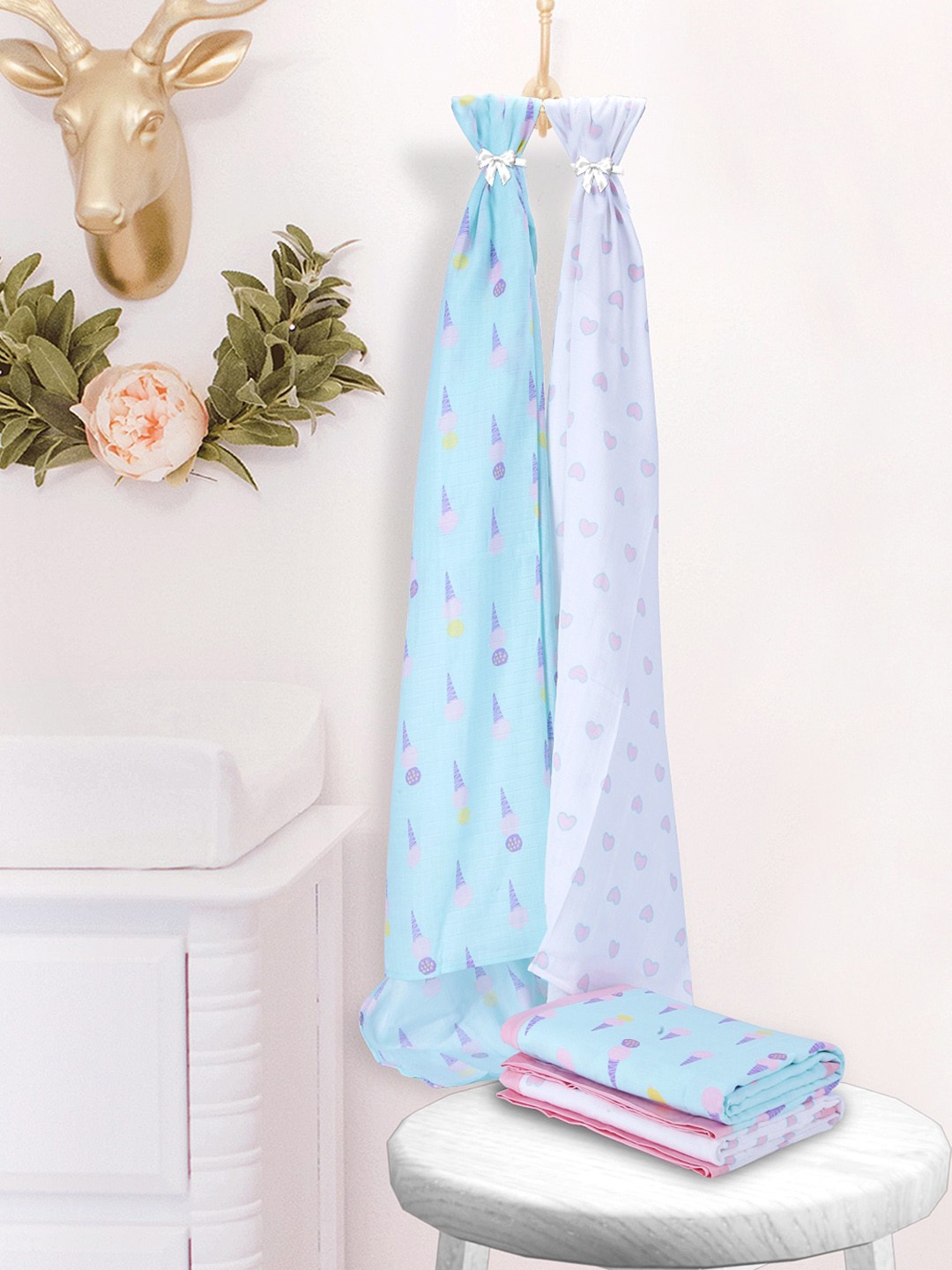 

My Milestones Pack Of 2 White & Blue Pure Cotton Muslin Baby Swaddle