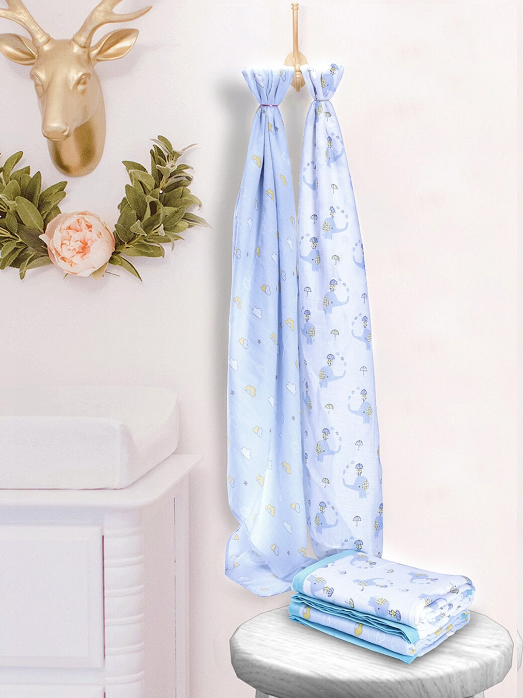 

My Milestones Unisex Pack of 2 White & Blue Pure Cotton Muslin Swaddles