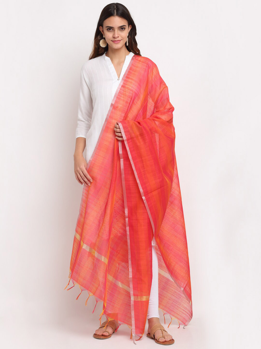 

LOOM LEGACY Red & Silver-Toned Striped Cotton Silk Dupatta with Zari