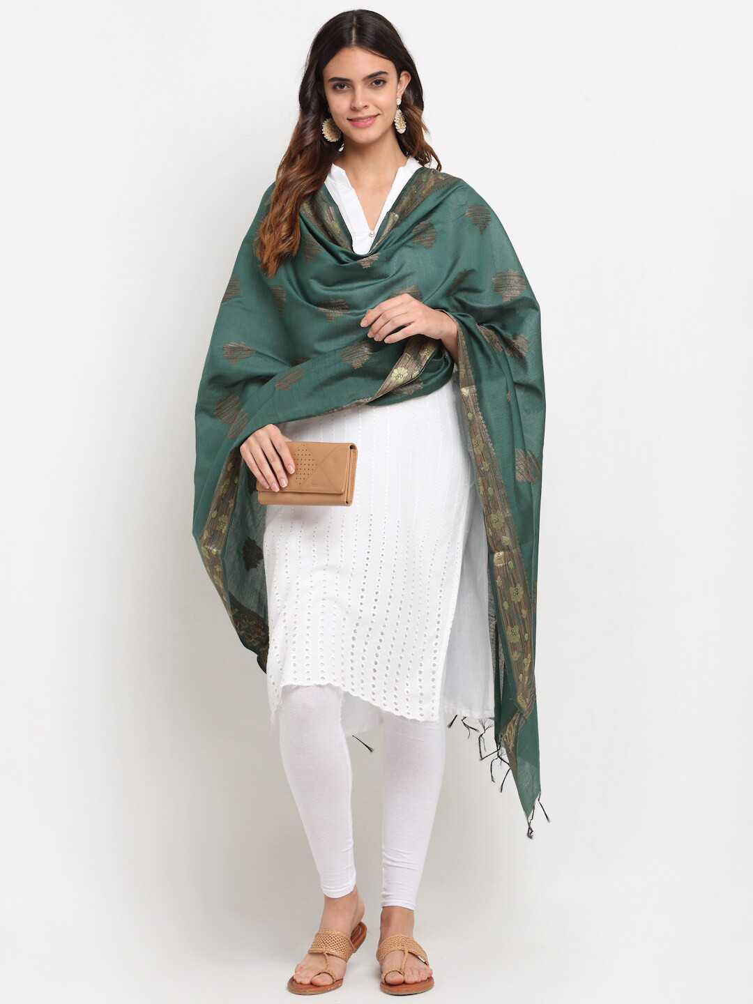 

LOOM LEGACY Green Ethnic Motifs Woven Design Cotton Silk Dupatta with Zari
