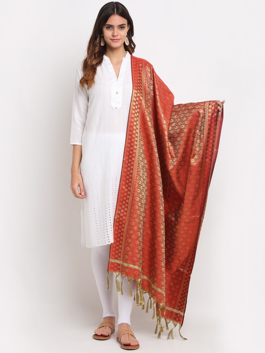 

LOOM LEGACY Red & Gold-Toned Ethnic Motifs Woven Design Dupatta with Zari