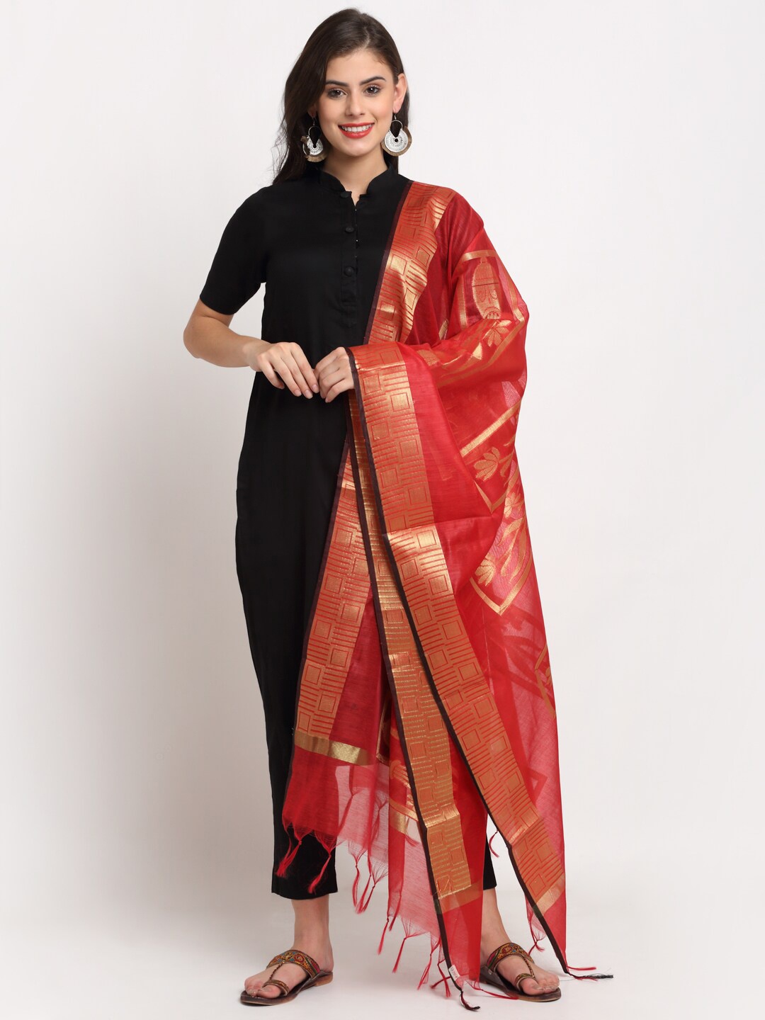 

LOOM LEGACY Red Woven Design Cotton Silk Dupatta with Zari