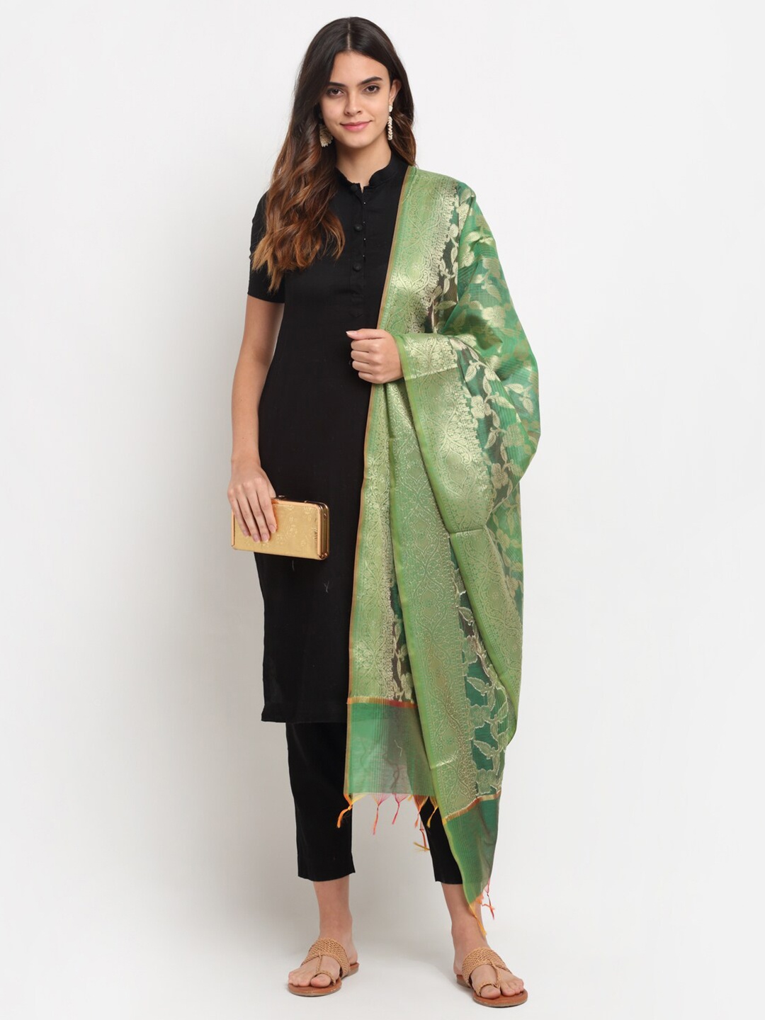 

LOOM LEGACY Green Woven Design Cotton Silk Dupatta with Zari