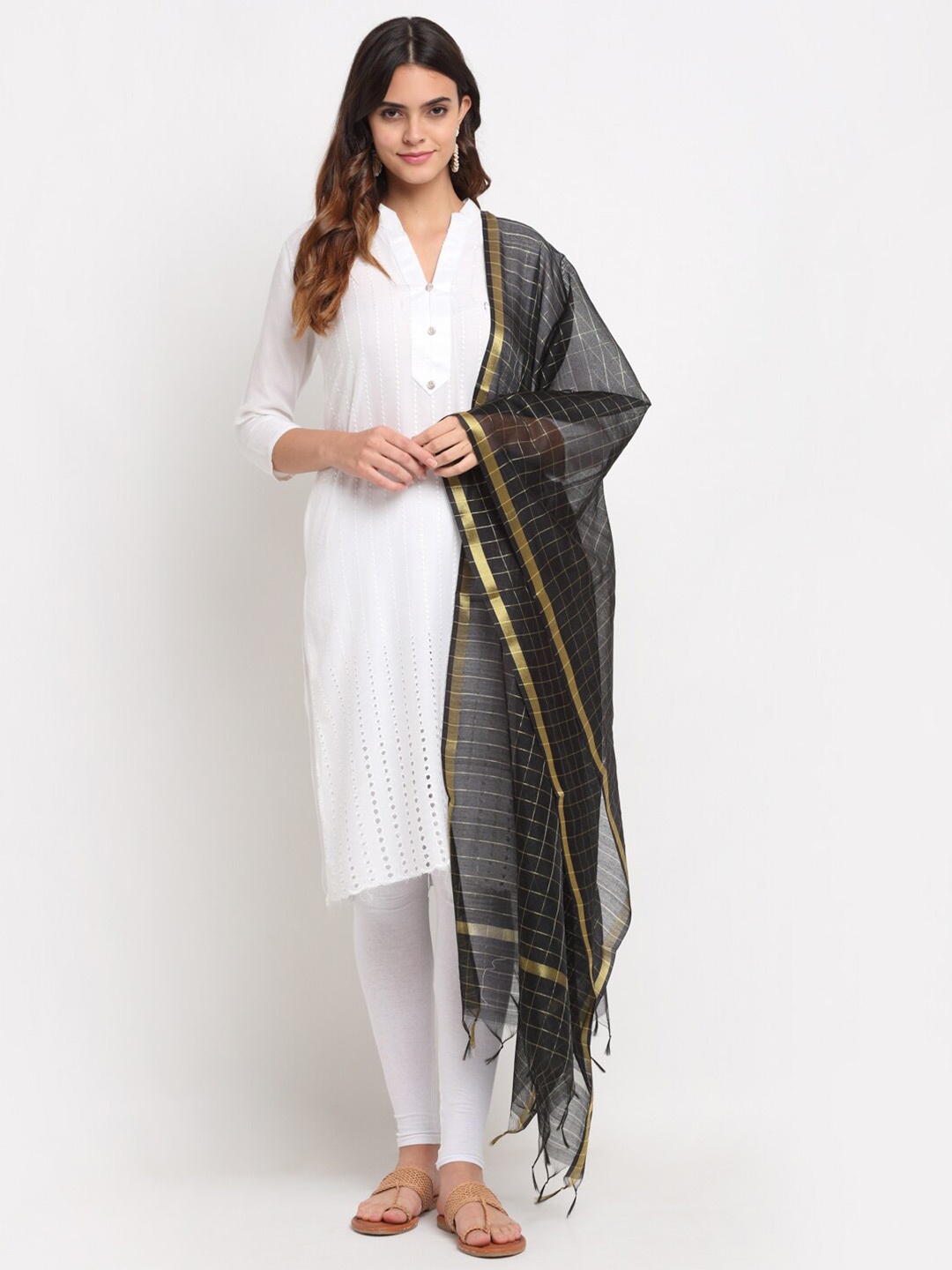 

LOOM LEGACY Black Checked Cotton Silk Dupatta with Zari