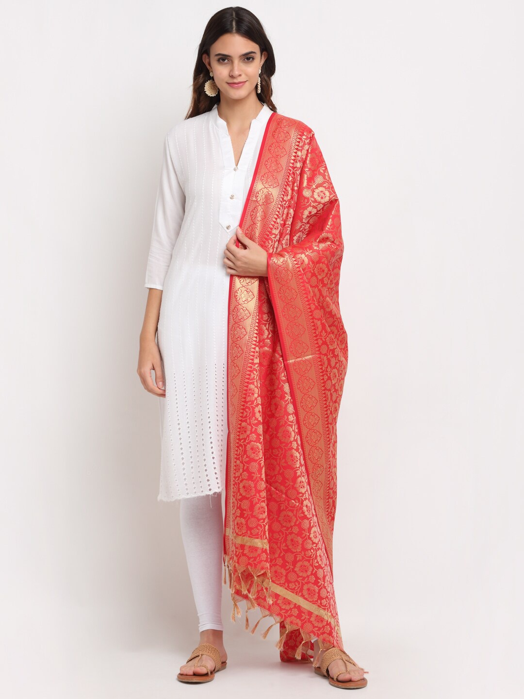 

LOOM LEGACY Red & Gold-Toned Banarasi Jacquard Dupatta