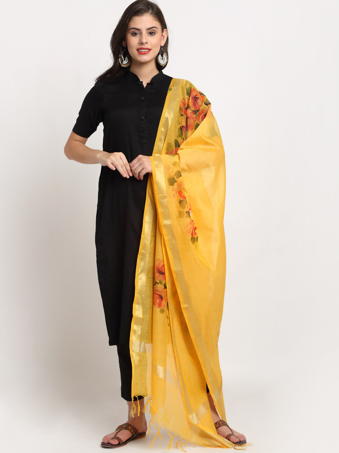 

LOOM LEGACY Yellow & Orange Printed Cotton Silk Dupatta with Zari