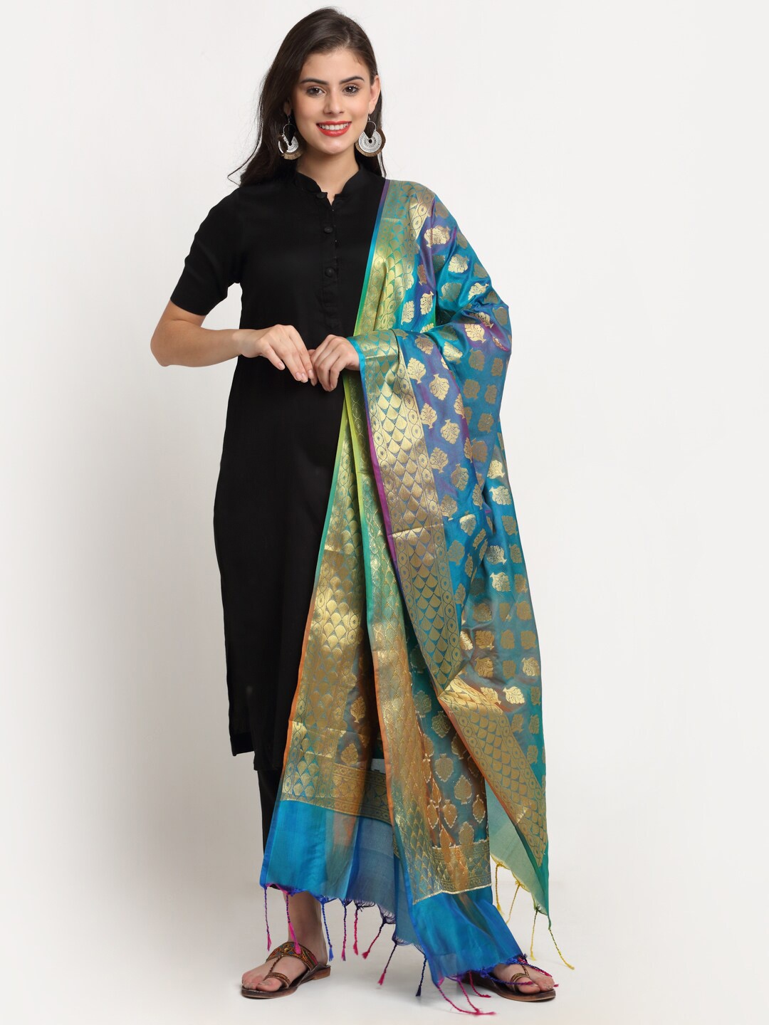 

LOOM LEGACY Green & Blue Ethnic Motifs Woven Design Dupatta with Zari