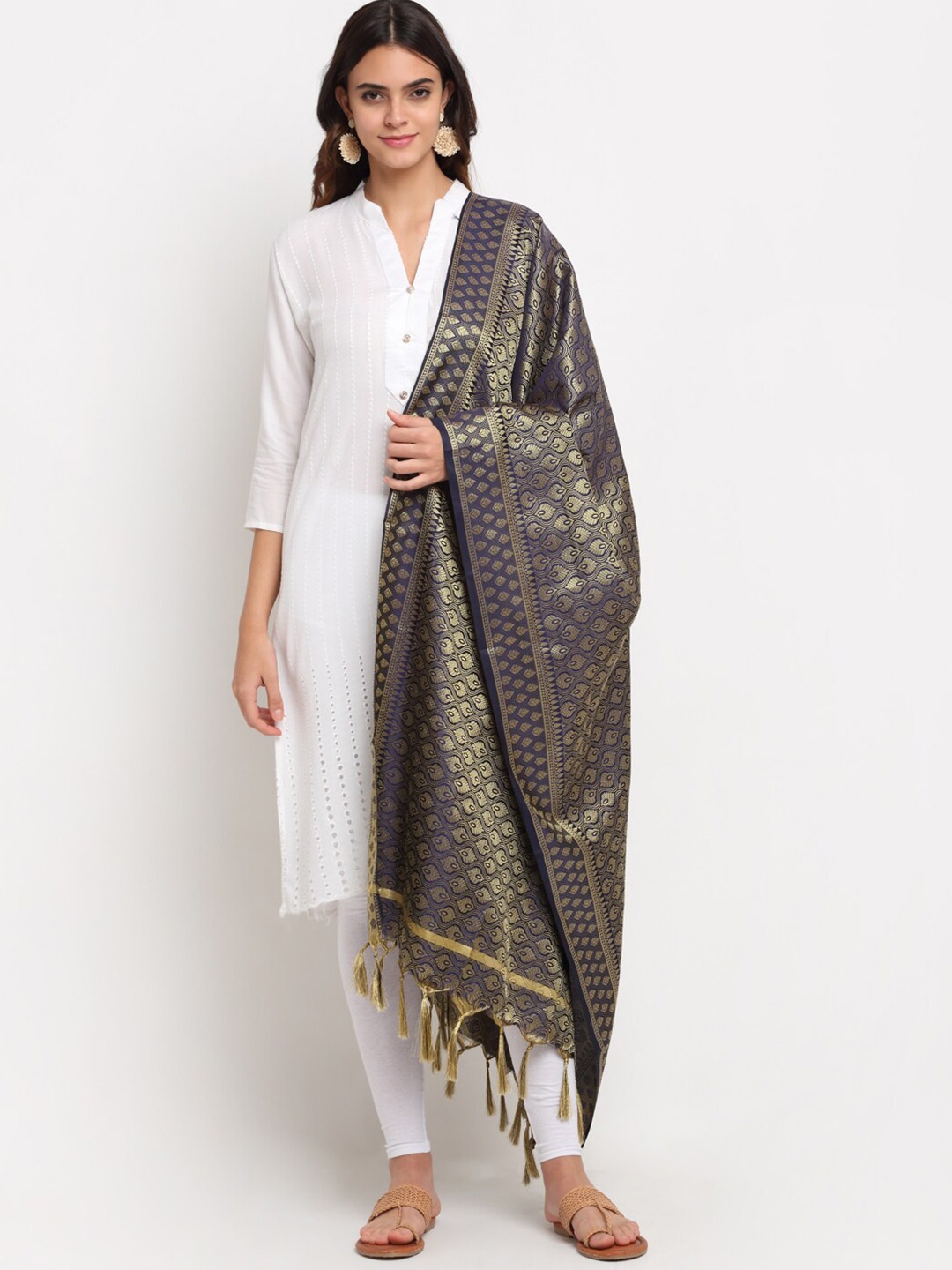 

LOOM LEGACY Blue & Gold-Toned Banarasi Brocade Dupatta