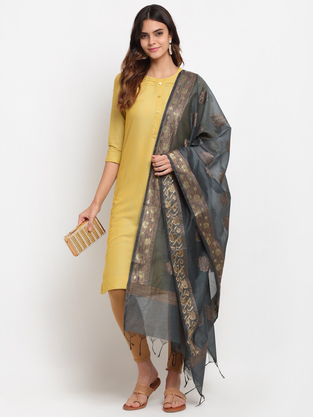 

LOOM LEGACY Grey Ethnic Motifs Banarasi Jacquard Dupatta