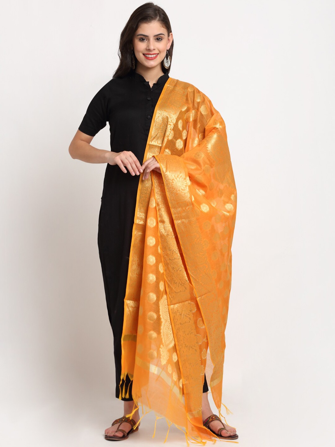

LOOM LEGACY Orange & Gold-Toned Banarasi Jacquard Dupatta