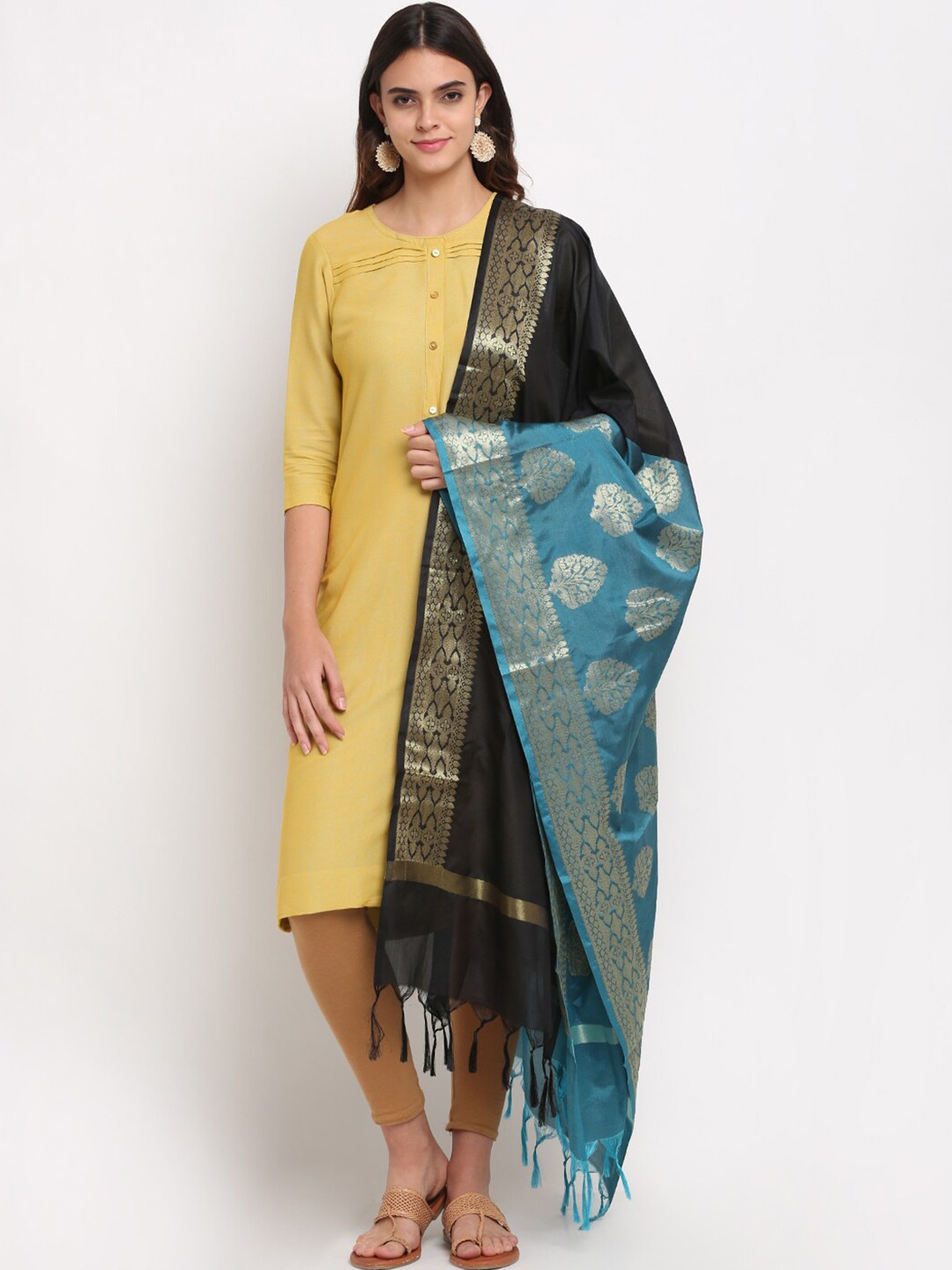 

LOOM LEGACY Turquoise Blue & Black Ethnic Motifs Woven Design Dupatta with Zari