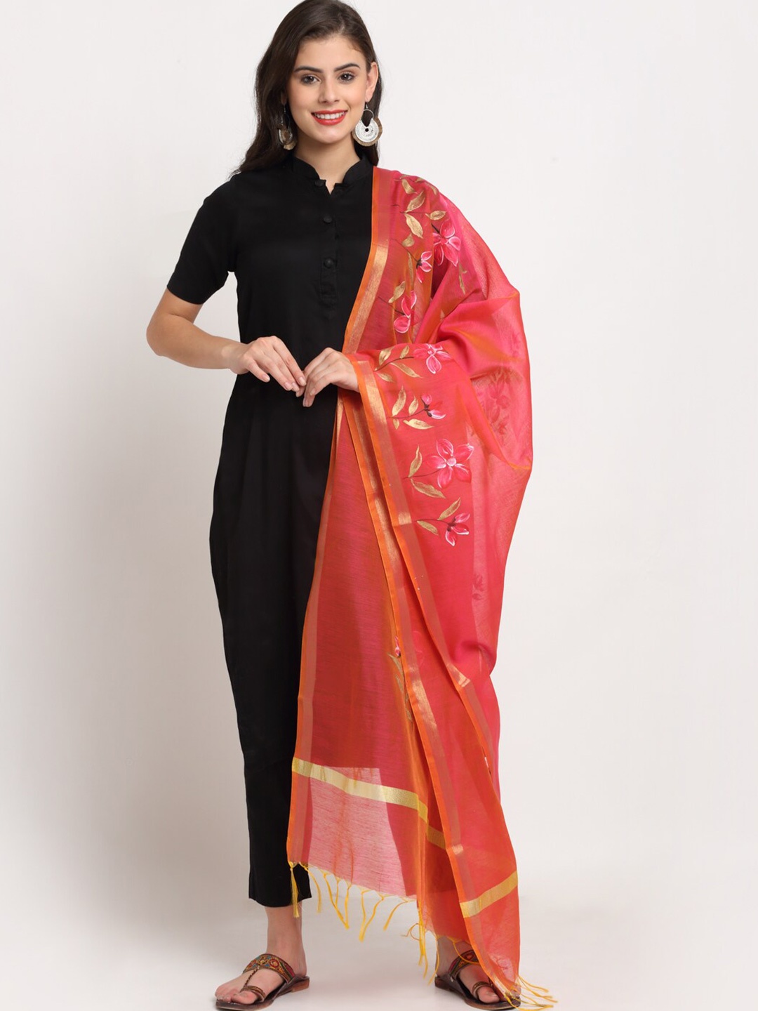 

LOOM LEGACY Orange & Pink Printed Cotton Silk Dupatta with Zari