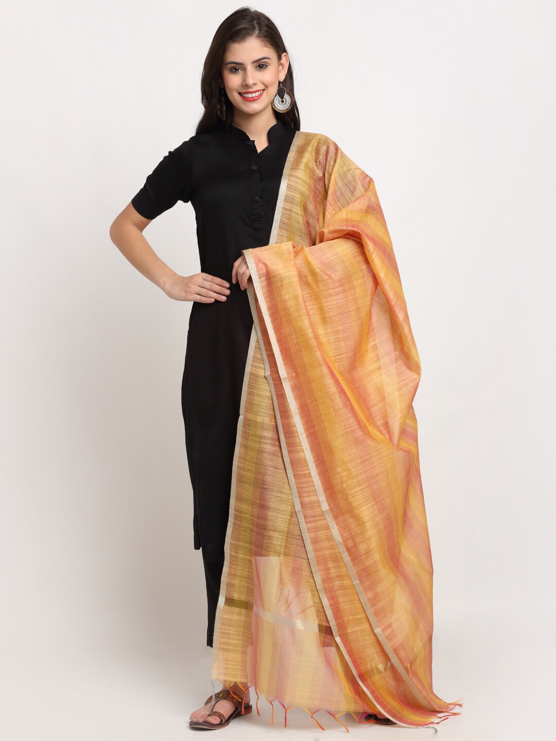 

LOOM LEGACY Mustard & Yellow Striped Cotton Silk Dupatta with Zari