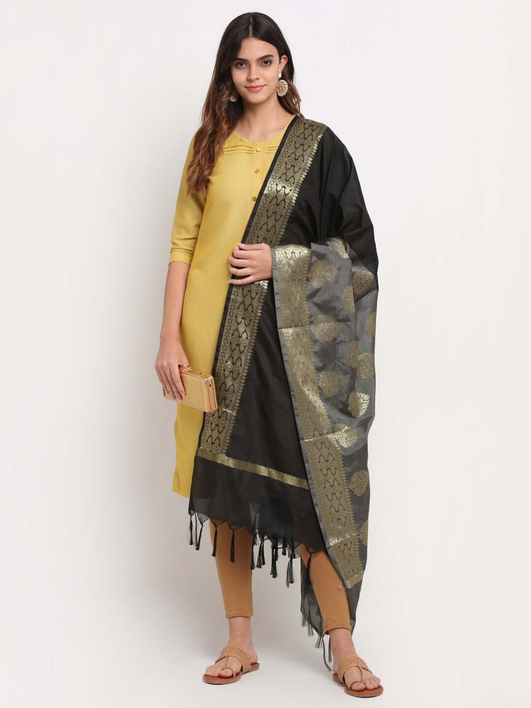 

LOOM LEGACY Grey & Black Ethnic Motifs Woven Design Dupatta with Zari