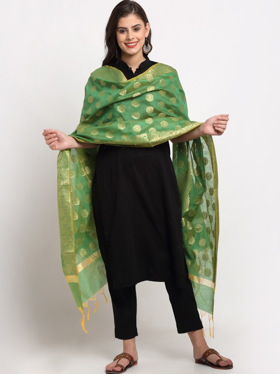 

LOOM LEGACY Green & Gold-Toned Ethnic Motifs Banarasi Jacquard Dupatta