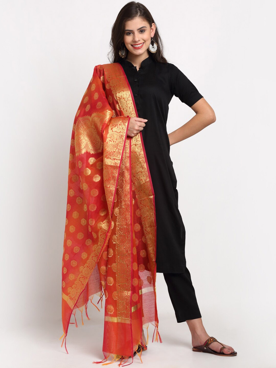 

LOOM LEGACY Red & Gold-Toned Ethnic Motifs Banarasi Jacquard Dupatta