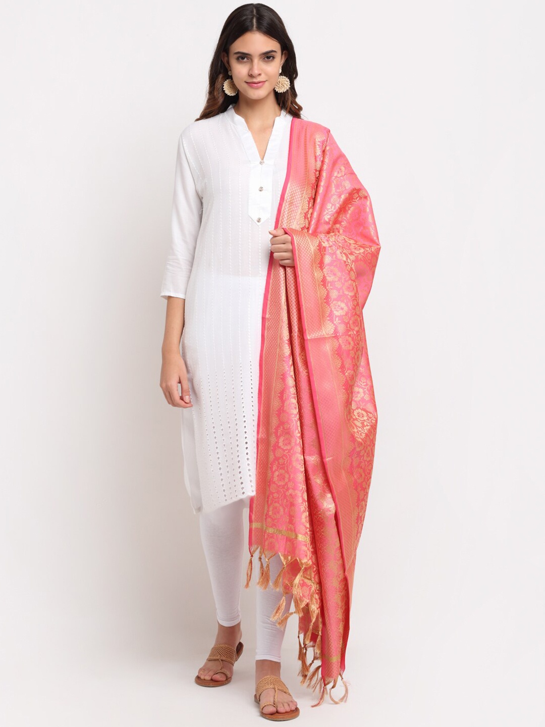 

LOOM LEGACY Pink & Gold-Toned Banarasi Jacquard Dupatta