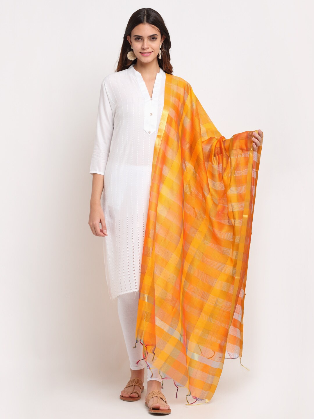 

LOOM LEGACY Yellow Checked Art Silk Dupatta with Zari