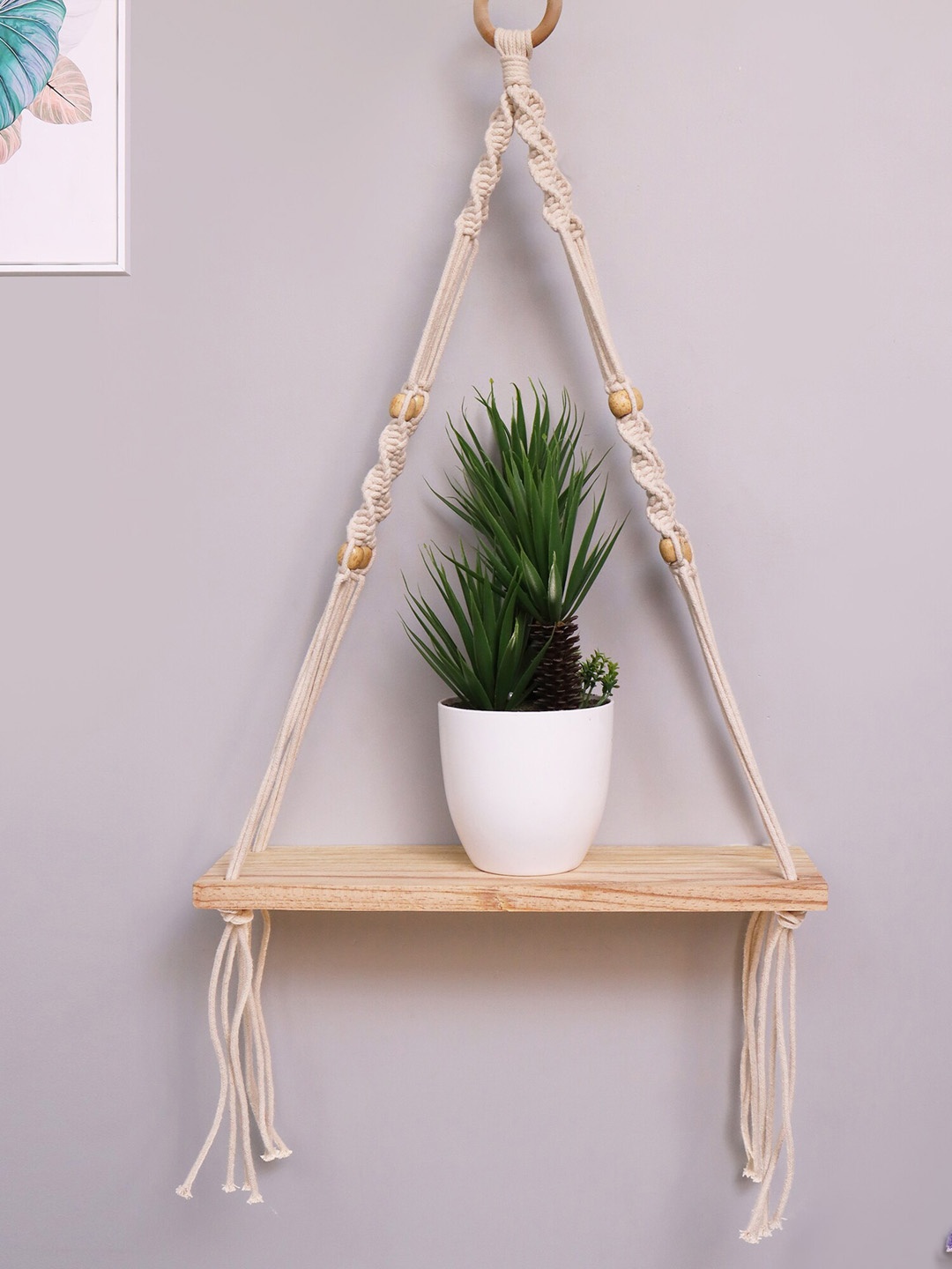 Homesake Beige Handmade Macrame Hanging 1-Tier Shelf Wall Decor