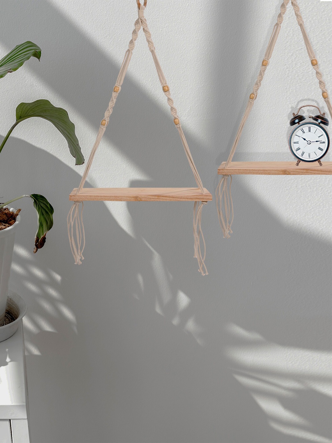 Homesake Set Of 2 Beige Handmade Macrame Hanging 1-Tier Shelf Wall Decor