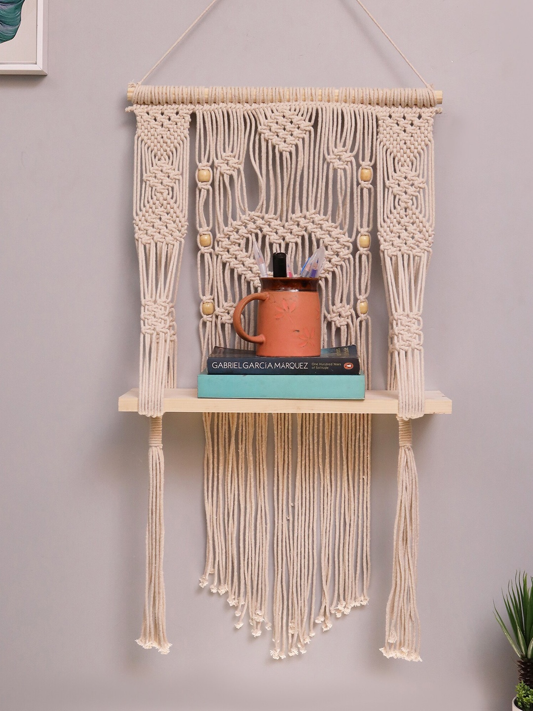

Homesake Beige Hand Woven Macrame Wall Hanging Shelf-Plank