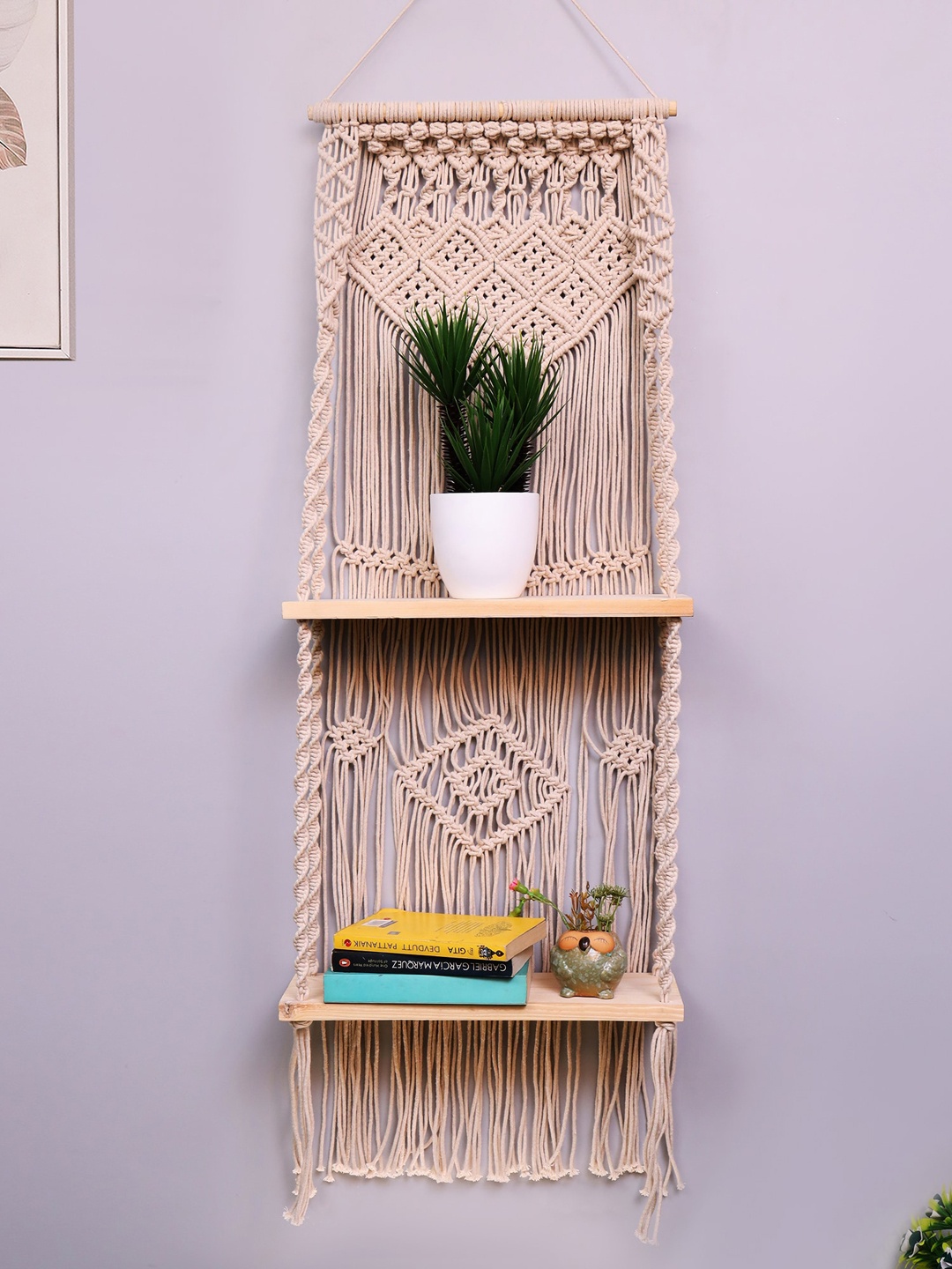 

Homesake Beige Solid Hand-Made Macrame Hanging 2-Tier Shelf Wall Decors