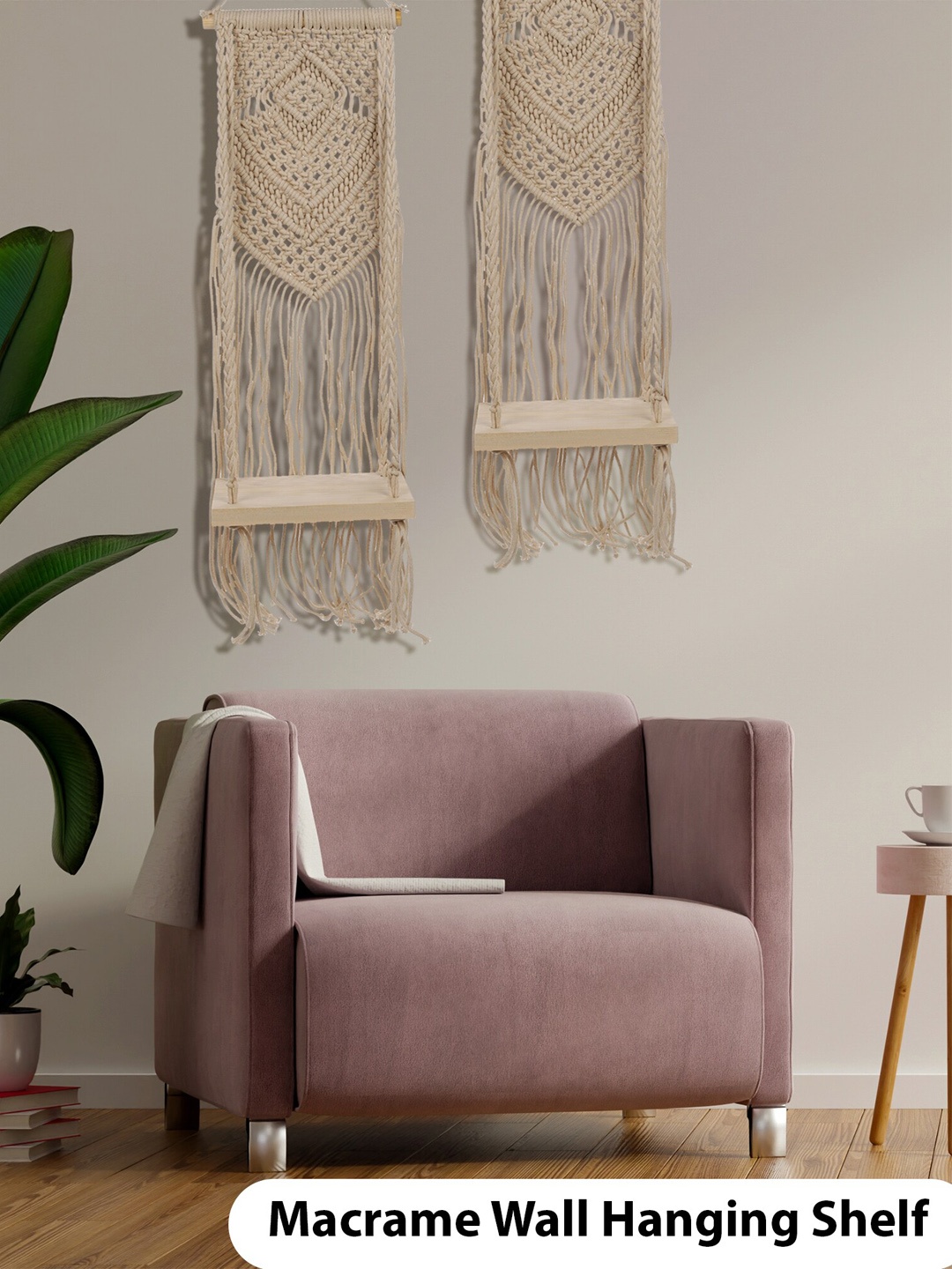 Homesake Set Of 2 Beige Handmade Macrame Hanging 1-Tier Shelf Wall Decor