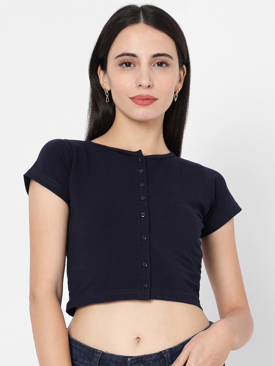

SALWAR STUDIO Navy Blue Solid Readymade Stretchable Saree Blouse